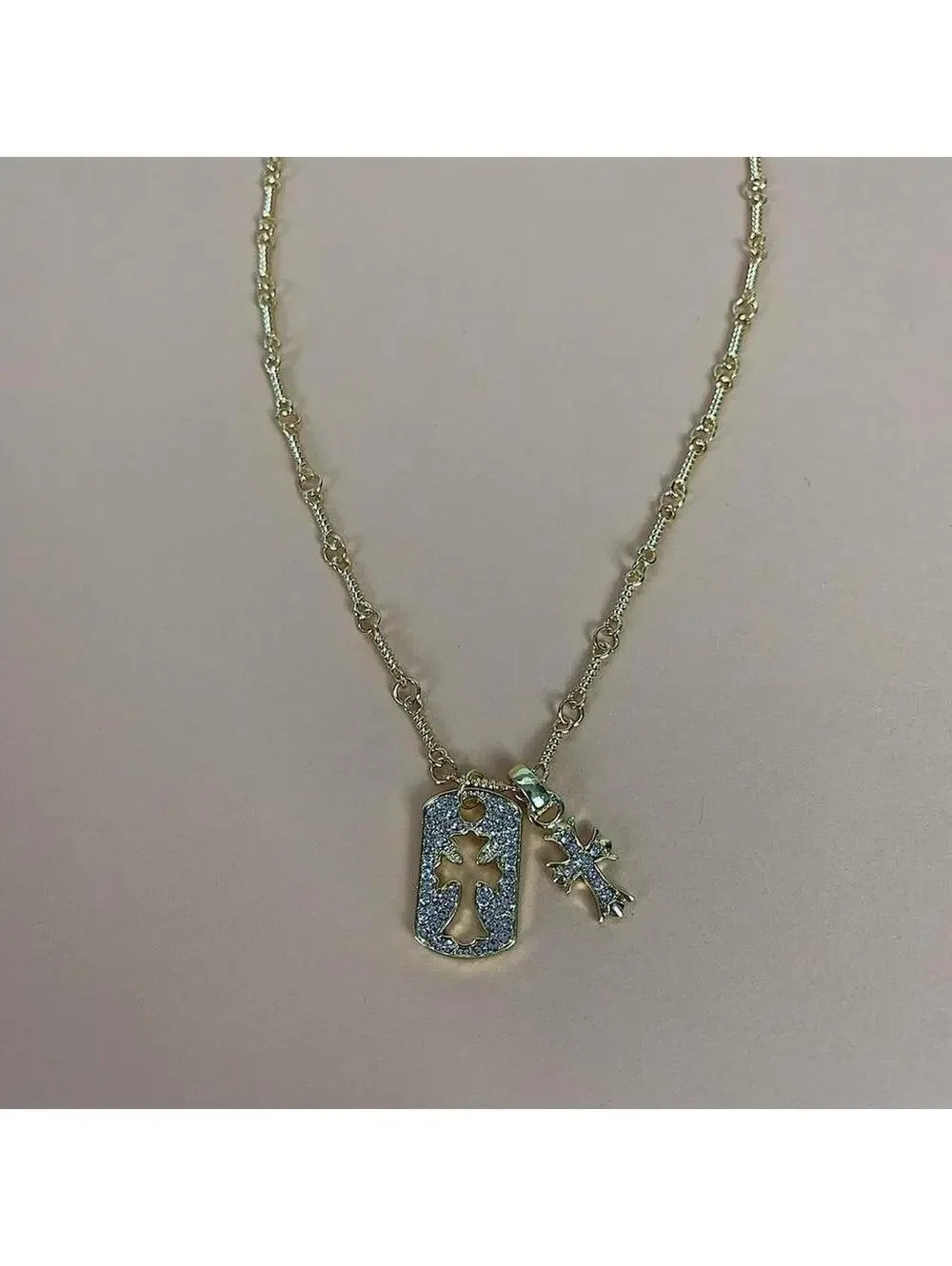 y2k 2000s style grunge gold chrome rhinestone cross dog tag style pendant